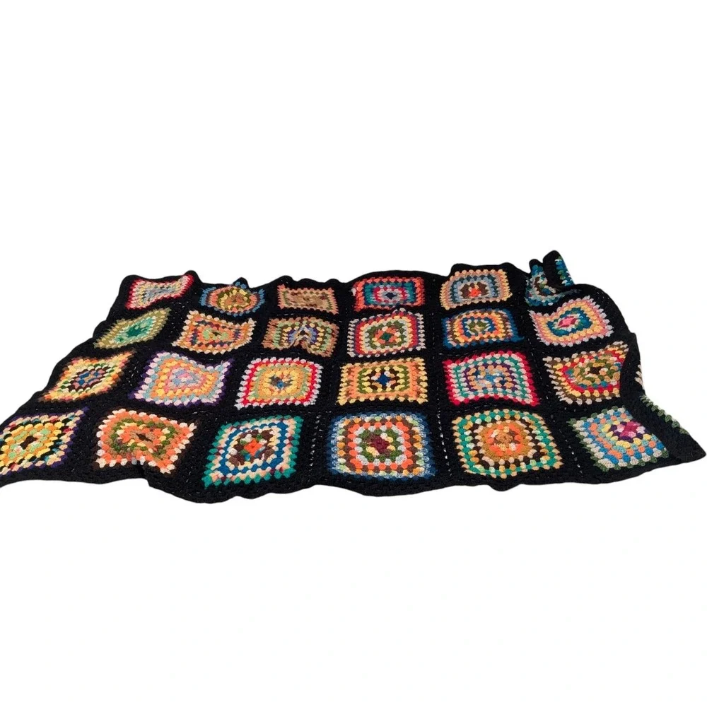 Boho Granny Square Crochet Throw Blanket Retro Hippie Cottagecore Decor